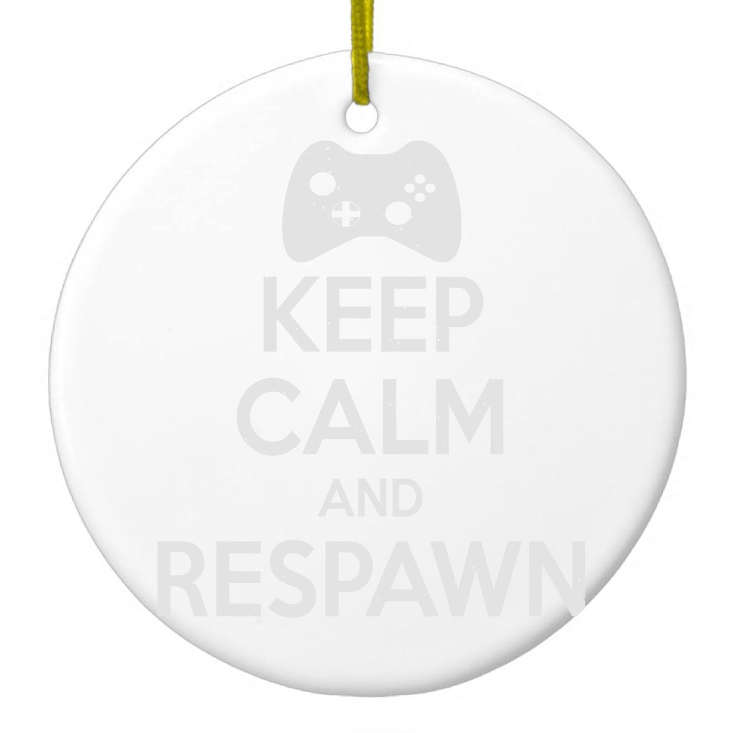 DistinctInk® Hanging Ceramic Christmas Tree Ornament with Gold String - Great Gift / Present - 2 3/4 inch Diameter - Keep Calm and Respawn Gamer Video Games
