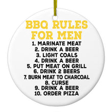 DistinctInk® Hanging Ceramic Christmas Tree Ornament with Gold String - Great Gift / Present - 2 3/4 inch Diameter - BBQ Rules for Men