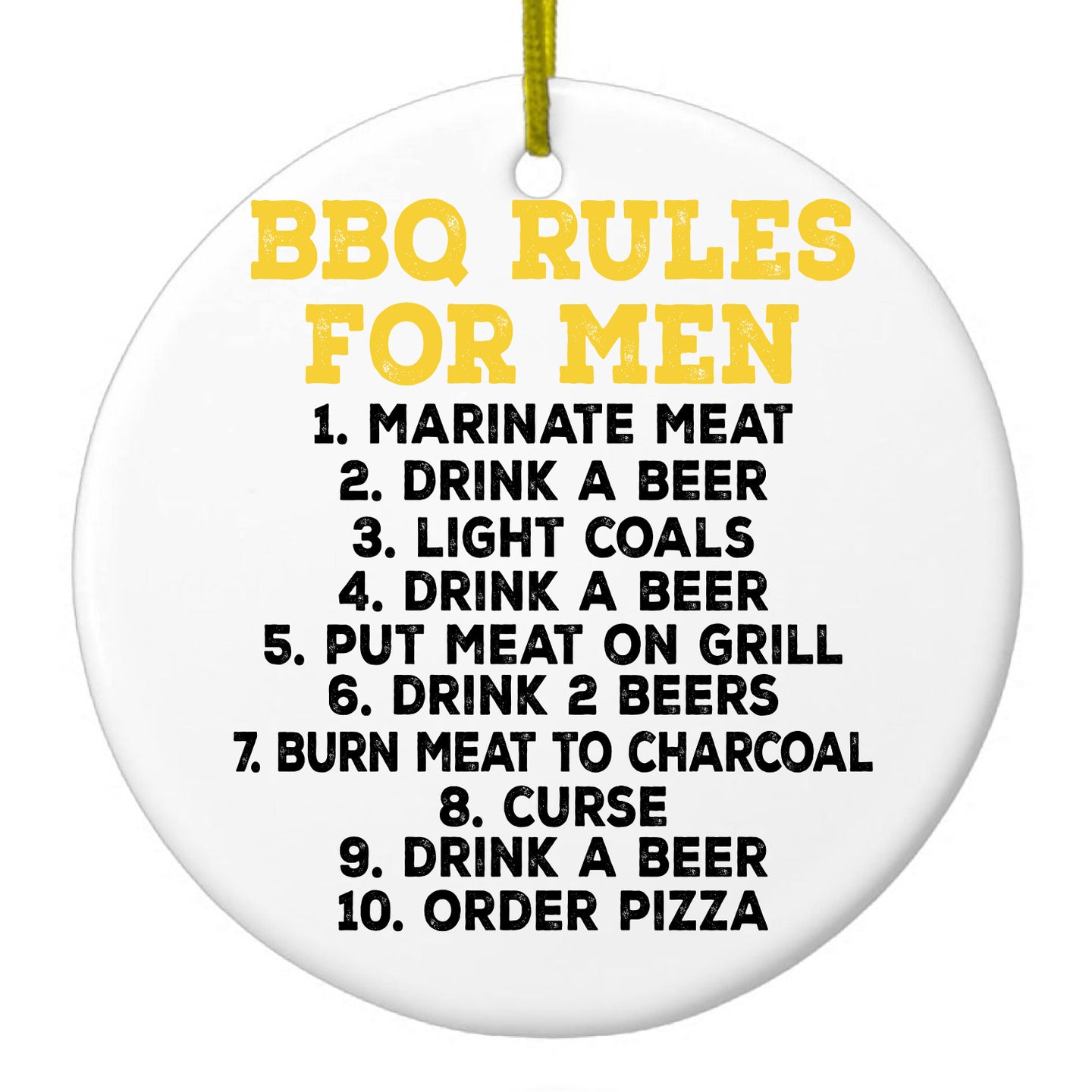 DistinctInk® Hanging Ceramic Christmas Tree Ornament with Gold String - Great Gift / Present - 2 3/4 inch Diameter - BBQ Rules for Men
