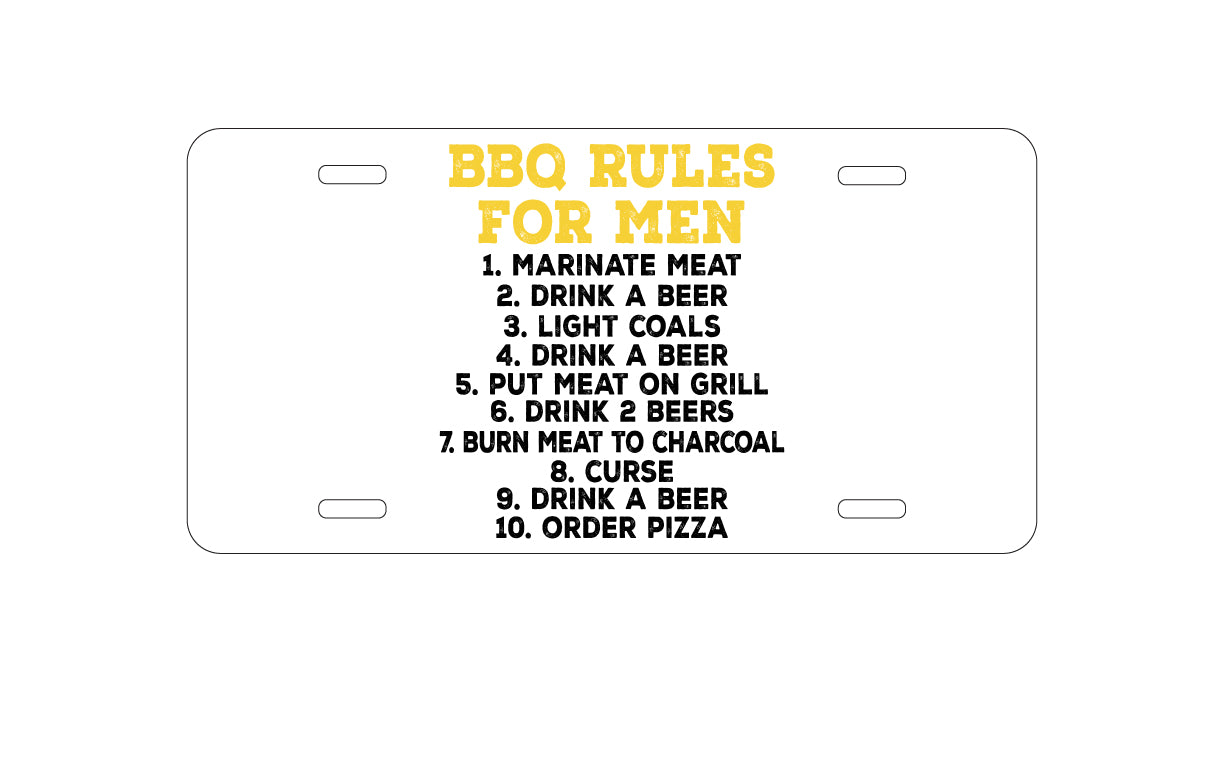 DistinctInk Custom Aluminum Decorative Vanity Front License Plate - BBQ Rules for Men