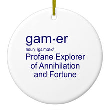 DistinctInk® Hanging Ceramic Christmas Tree Ornament with Gold String - Great Gift / Present - 2 3/4 inch Diameter - Gamer Dictionary Definition Profane Explorer