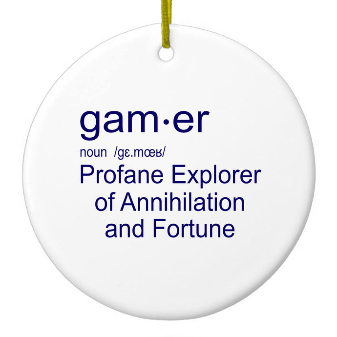 DistinctInk® Hanging Ceramic Christmas Tree Ornament with Gold String - Great Gift / Present - 2 3/4 inch Diameter - Gamer Dictionary Definition Profane Explorer