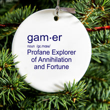 DistinctInk® Hanging Ceramic Christmas Tree Ornament with Gold String - Great Gift / Present - 2 3/4 inch Diameter - Gamer Dictionary Definition Profane Explorer
