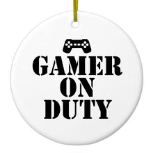 DistinctInk® Hanging Ceramic Christmas Tree Ornament with Gold String - Great Gift / Present - 2 3/4 inch Diameter - Gamer on Duty Video Games