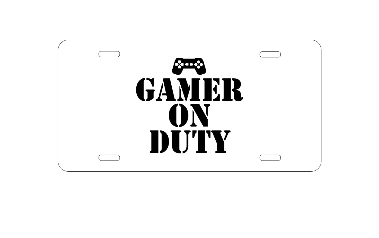 DistinctInk Custom Aluminum Decorative Vanity Front License Plate - Gamer on Duty Video Games