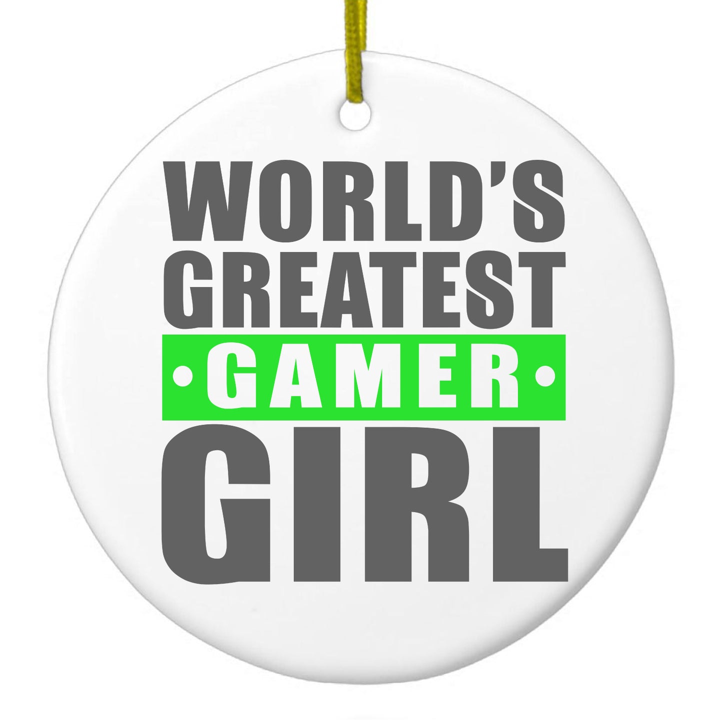 DistinctInk® Hanging Ceramic Christmas Tree Ornament with Gold String - Great Gift / Present - 2 3/4 inch Diameter - World's Greatest Gamer Girl Video Games