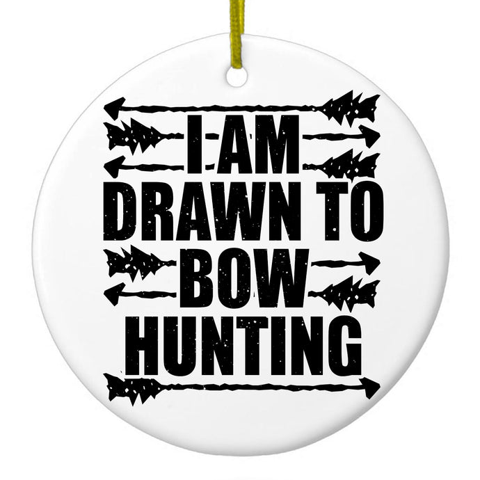 DistinctInk® Hanging Ceramic Christmas Tree Ornament with Gold String - Great Gift / Present - 2 3/4 inch Diameter - I Am Drawn to Bow Hunting