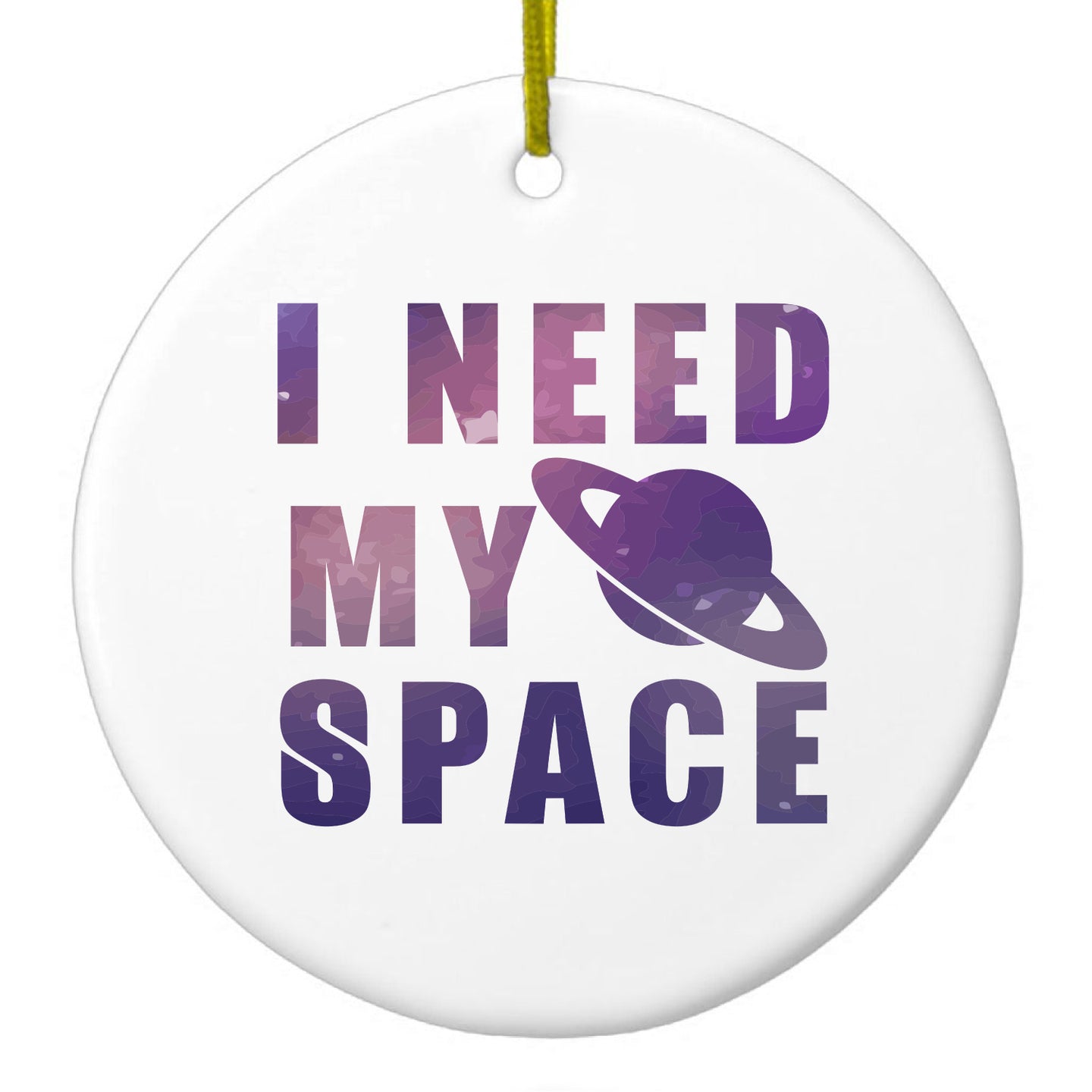 DistinctInk® Hanging Ceramic Christmas Tree Ornament with Gold String - Great Gift / Present - 2 3/4 inch Diameter - I Need My Space - Astronomy