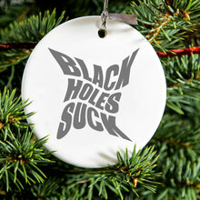 DistinctInk® Hanging Ceramic Christmas Tree Ornament with Gold String - Great Gift / Present - 2 3/4 inch Diameter - Black Holes Suck - Astronomy