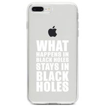 DistinctInk® Clear Shockproof Hybrid Case for Apple iPhone / Samsung Galaxy / Google Pixel - What Happens in Black Holes Stays in Black Holes