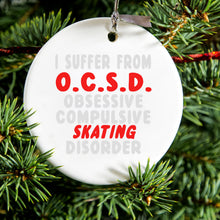 DistinctInk® Hanging Ceramic Christmas Tree Ornament with Gold String - Great Gift / Present - 2 3/4 inch Diameter - OCSD - Obsessive Compulsive Skating Disorder