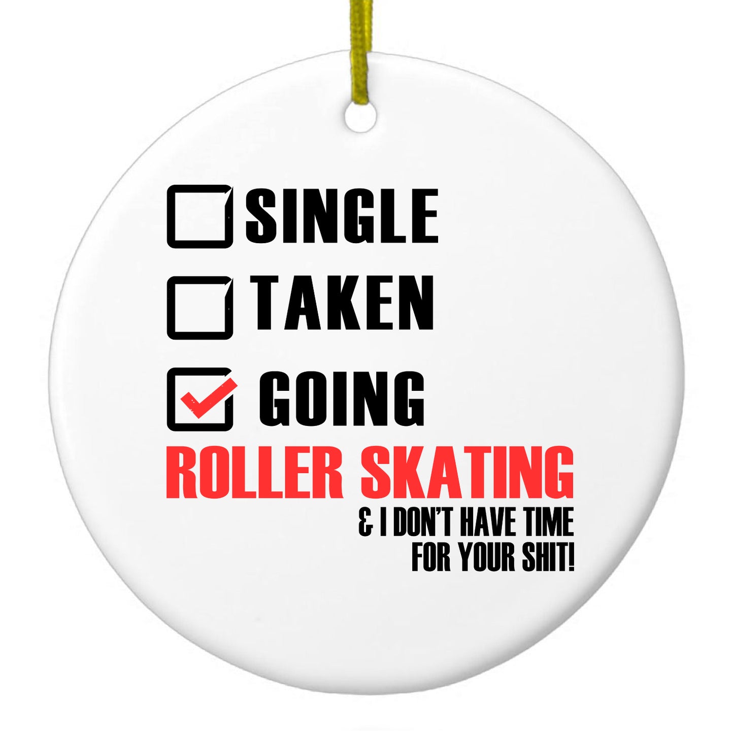 DistinctInk® Hanging Ceramic Christmas Tree Ornament with Gold String - Great Gift / Present - 2 3/4 inch Diameter - Single Taken Going Roller Skating