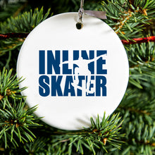 DistinctInk® Hanging Ceramic Christmas Tree Ornament with Gold String - Great Gift / Present - 2 3/4 inch Diameter - Inline Skater - Skating