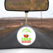 DistinctInk® Hanging Ceramic Christmas Tree Ornament with Gold String - Great Gift / Present - 2 3/4 inch Diameter - I Grow My Own Food Tell Me Your Superpower