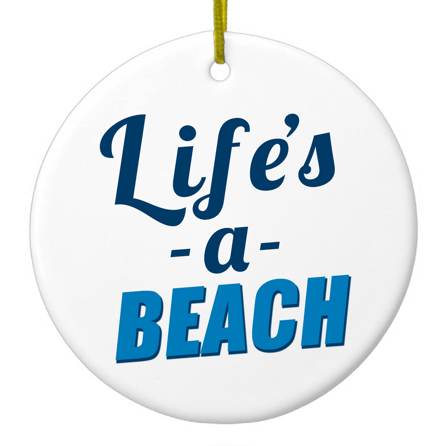 DistinctInk® Hanging Ceramic Christmas Tree Ornament with Gold String - Great Gift / Present - 2 3/4 inch Diameter - Life's a Beach