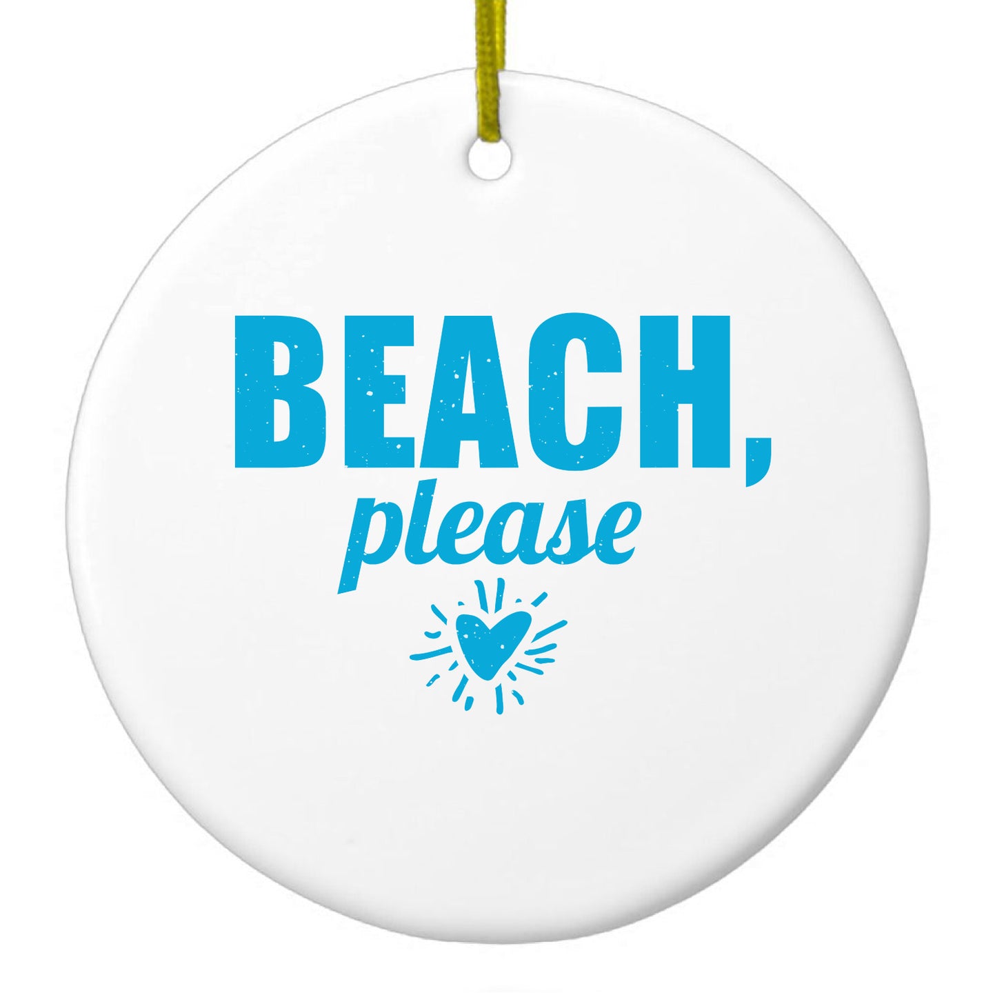 DistinctInk® Hanging Ceramic Christmas Tree Ornament with Gold String - Great Gift / Present - 2 3/4 inch Diameter - Beach, Please