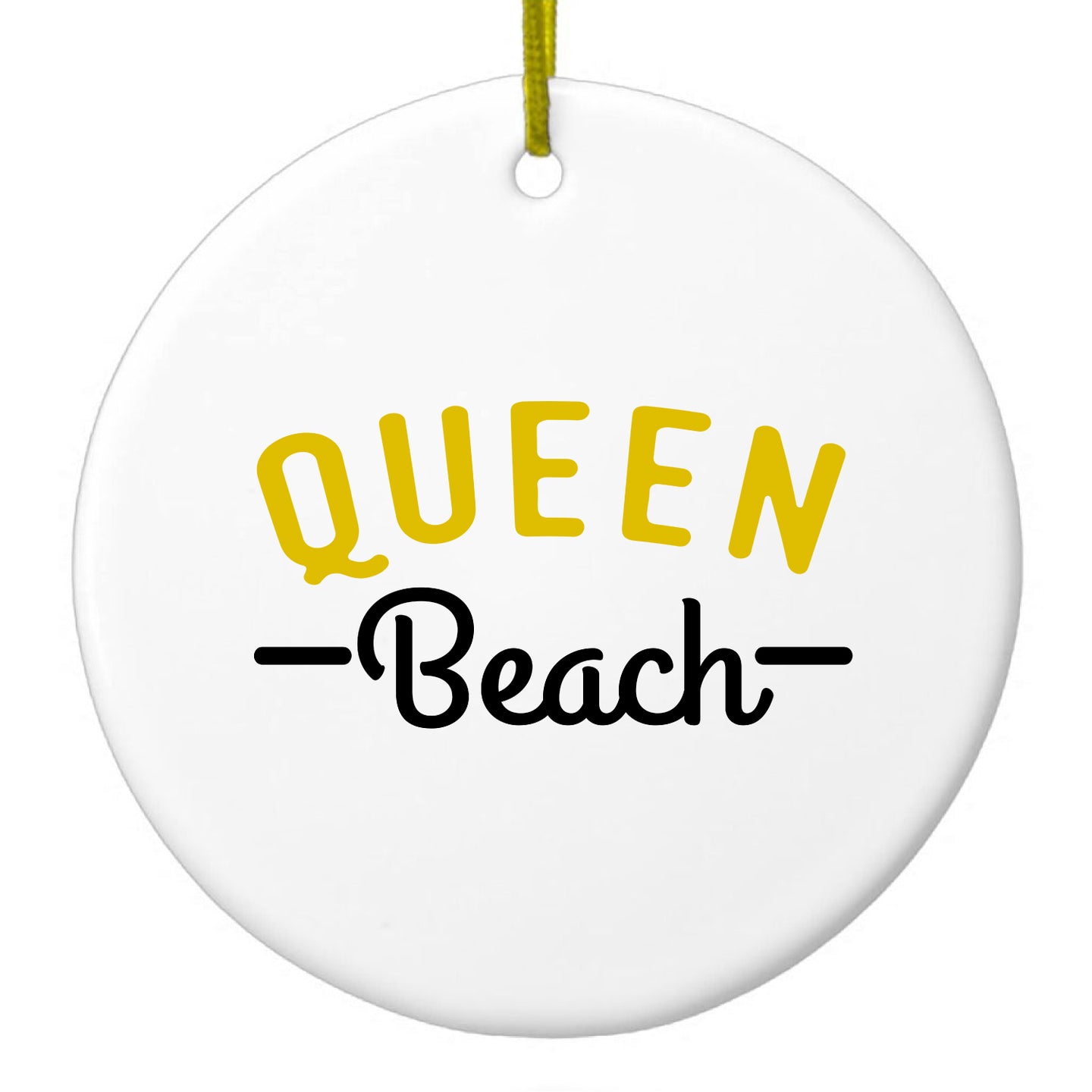 DistinctInk® Hanging Ceramic Christmas Tree Ornament with Gold String - Great Gift / Present - 2 3/4 inch Diameter - Queen Beach
