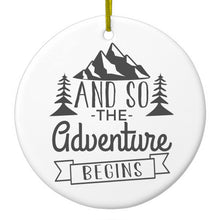 DistinctInk® Hanging Ceramic Christmas Tree Ornament with Gold String - Great Gift / Present - 2 3/4 inch Diameter - And so the Adventure Begins