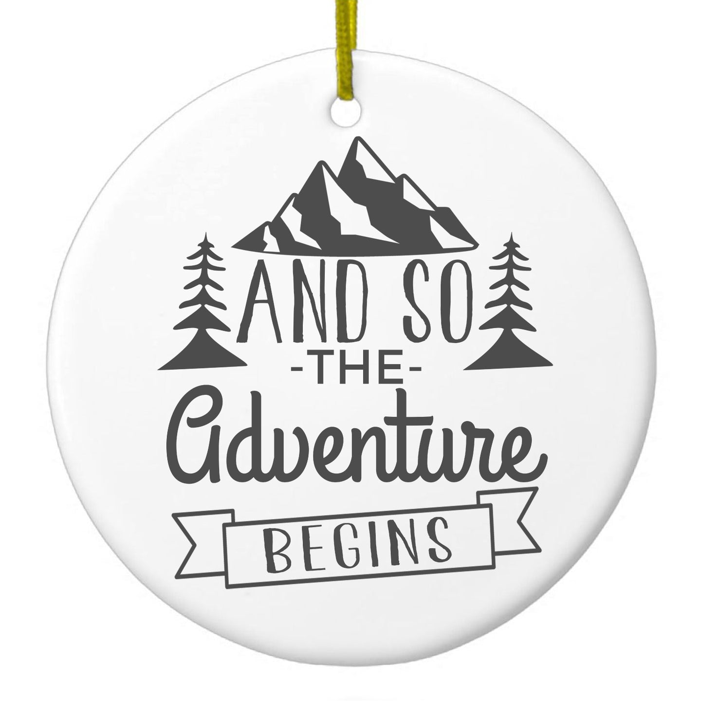 DistinctInk® Hanging Ceramic Christmas Tree Ornament with Gold String - Great Gift / Present - 2 3/4 inch Diameter - And so the Adventure Begins