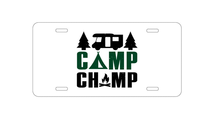 DistinctInk Custom Aluminum Decorative Vanity Front License Plate - Camp Champ - Camping Fire