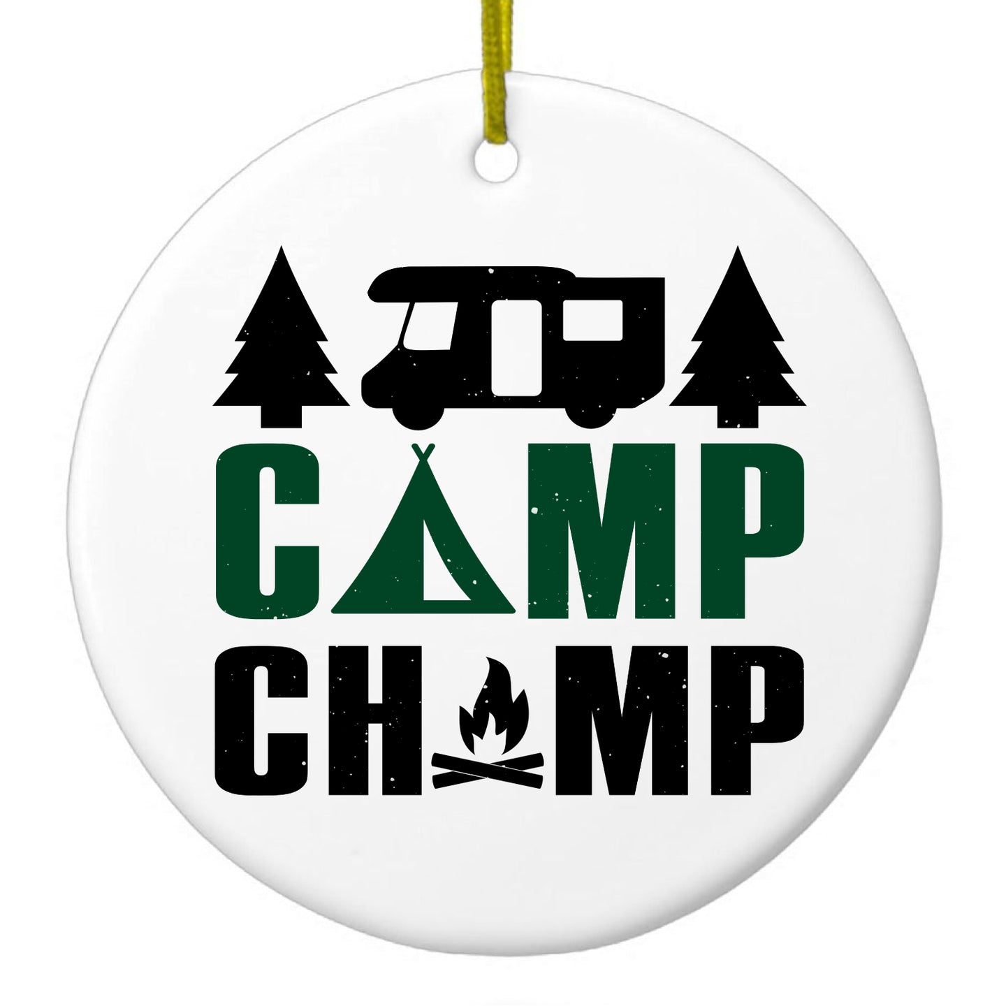 DistinctInk® Hanging Ceramic Christmas Tree Ornament with Gold String - Great Gift / Present - 2 3/4 inch Diameter - Camp Champ - Camping Fire