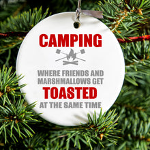 DistinctInk® Hanging Ceramic Christmas Tree Ornament with Gold String - Great Gift / Present - 2 3/4 inch Diameter - Camping - Friends & Marshmallows Get Toasted
