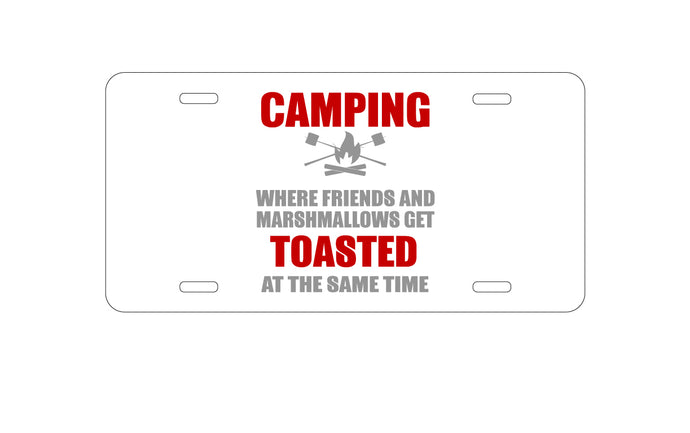 DistinctInk Custom Aluminum Decorative Vanity Front License Plate - Camping - Friends & Marshmallows Get Toasted