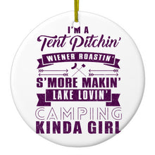 DistinctInk® Hanging Ceramic Christmas Tree Ornament with Gold String - Great Gift / Present - 2 3/4 inch Diameter - Tent Pitchin Weiner Roastin S'More Camping Girl