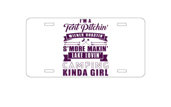 DistinctInk Custom Aluminum Decorative Vanity Front License Plate - Tent Pitchin Weiner Roastin S'More Camping Girl