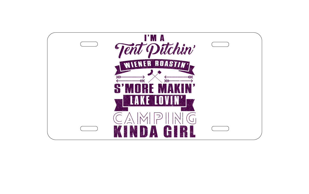 DistinctInk Custom Aluminum Decorative Vanity Front License Plate - Tent Pitchin Weiner Roastin S'More Camping Girl