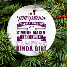 DistinctInk® Hanging Ceramic Christmas Tree Ornament with Gold String - Great Gift / Present - 2 3/4 inch Diameter - Tent Pitchin Weiner Roastin S'More Camping Girl