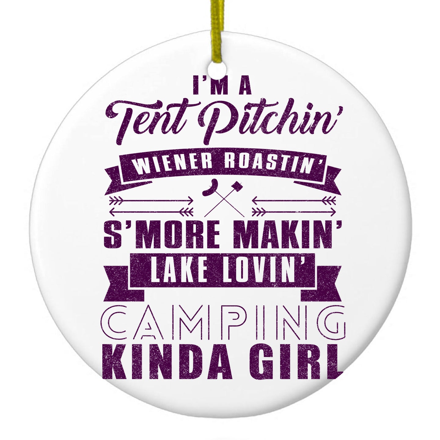 DistinctInk® Hanging Ceramic Christmas Tree Ornament with Gold String - Great Gift / Present - 2 3/4 inch Diameter - Tent Pitchin Weiner Roastin S'More Camping Girl
