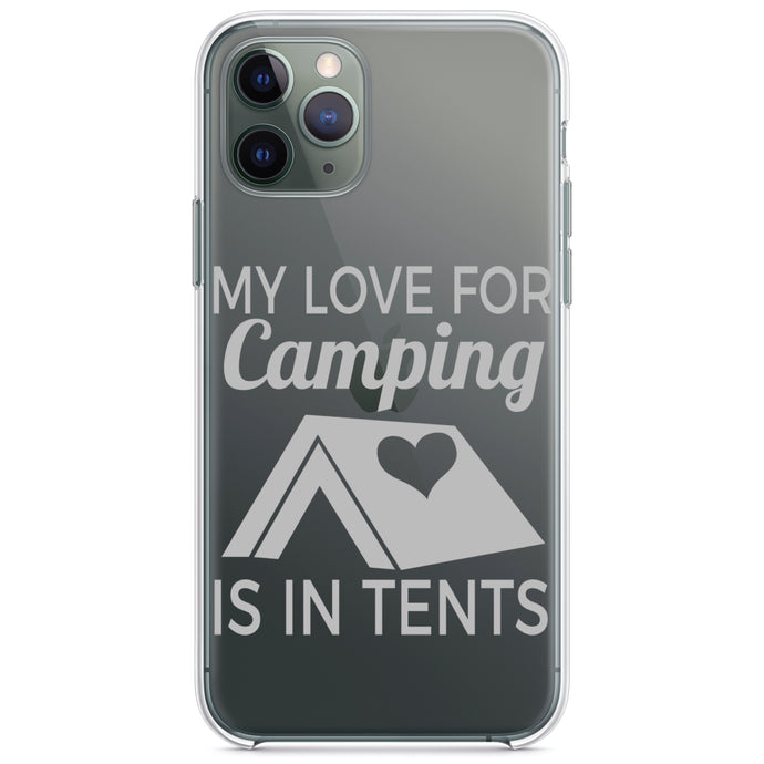 DistinctInk® Clear Shockproof Hybrid Case for Apple iPhone / Samsung Galaxy / Google Pixel - My Love For Camping is In Tents