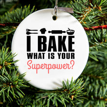 DistinctInk® Hanging Ceramic Christmas Tree Ornament with Gold String - Great Gift / Present - 2 3/4 inch Diameter - I Bake What is Your Superpower