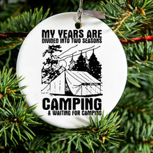 DistinctInk® Hanging Ceramic Christmas Tree Ornament with Gold String - Great Gift / Present - 2 3/4 inch Diameter - Two Seasons - Camping, Waiting for Camping