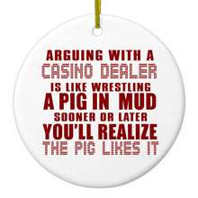 DistinctInk® Hanging Ceramic Christmas Tree Ornament with Gold String - Great Gift / Present - 2 3/4 inch Diameter - Arguing with Casino Dealer Like Pink in Mud