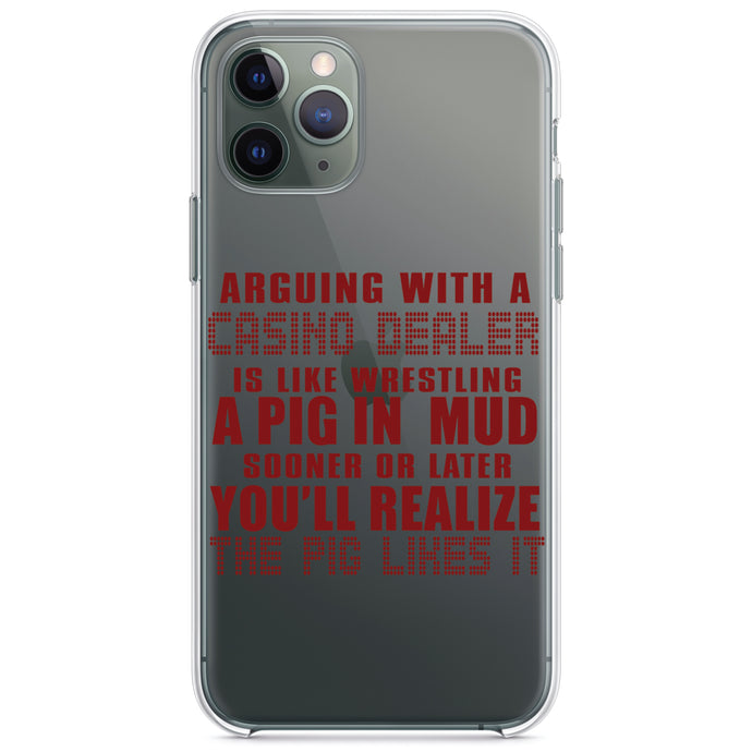 DistinctInk® Clear Shockproof Hybrid Case for Apple iPhone / Samsung Galaxy / Google Pixel - Arguing with Casino Dealer Like Pink in Mud