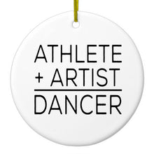 DistinctInk® Hanging Ceramic Christmas Tree Ornament with Gold String - Great Gift / Present - 2 3/4 inch Diameter - Athlete + Artist = Dancer