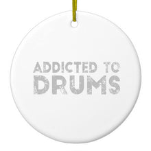 DistinctInk® Hanging Ceramic Christmas Tree Ornament with Gold String - Great Gift / Present - 2 3/4 inch Diameter - Addicted to Drums