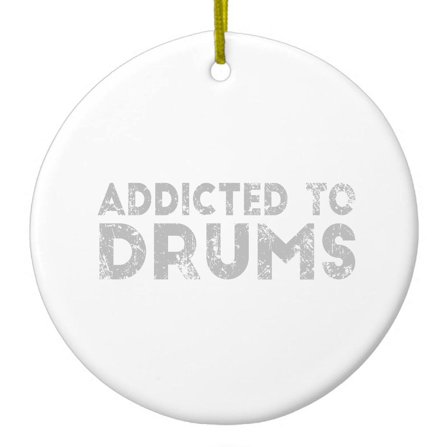 DistinctInk® Hanging Ceramic Christmas Tree Ornament with Gold String - Great Gift / Present - 2 3/4 inch Diameter - Addicted to Drums