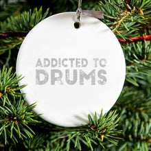 DistinctInk® Hanging Ceramic Christmas Tree Ornament with Gold String - Great Gift / Present - 2 3/4 inch Diameter - Addicted to Drums