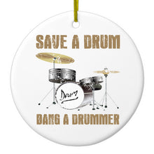 DistinctInk® Hanging Ceramic Christmas Tree Ornament with Gold String - Great Gift / Present - 2 3/4 inch Diameter - Save a Drum, Bang a Drummer