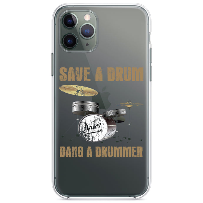 DistinctInk® Clear Shockproof Hybrid Case for Apple iPhone / Samsung Galaxy / Google Pixel - Save a Drum, Bang a Drummer