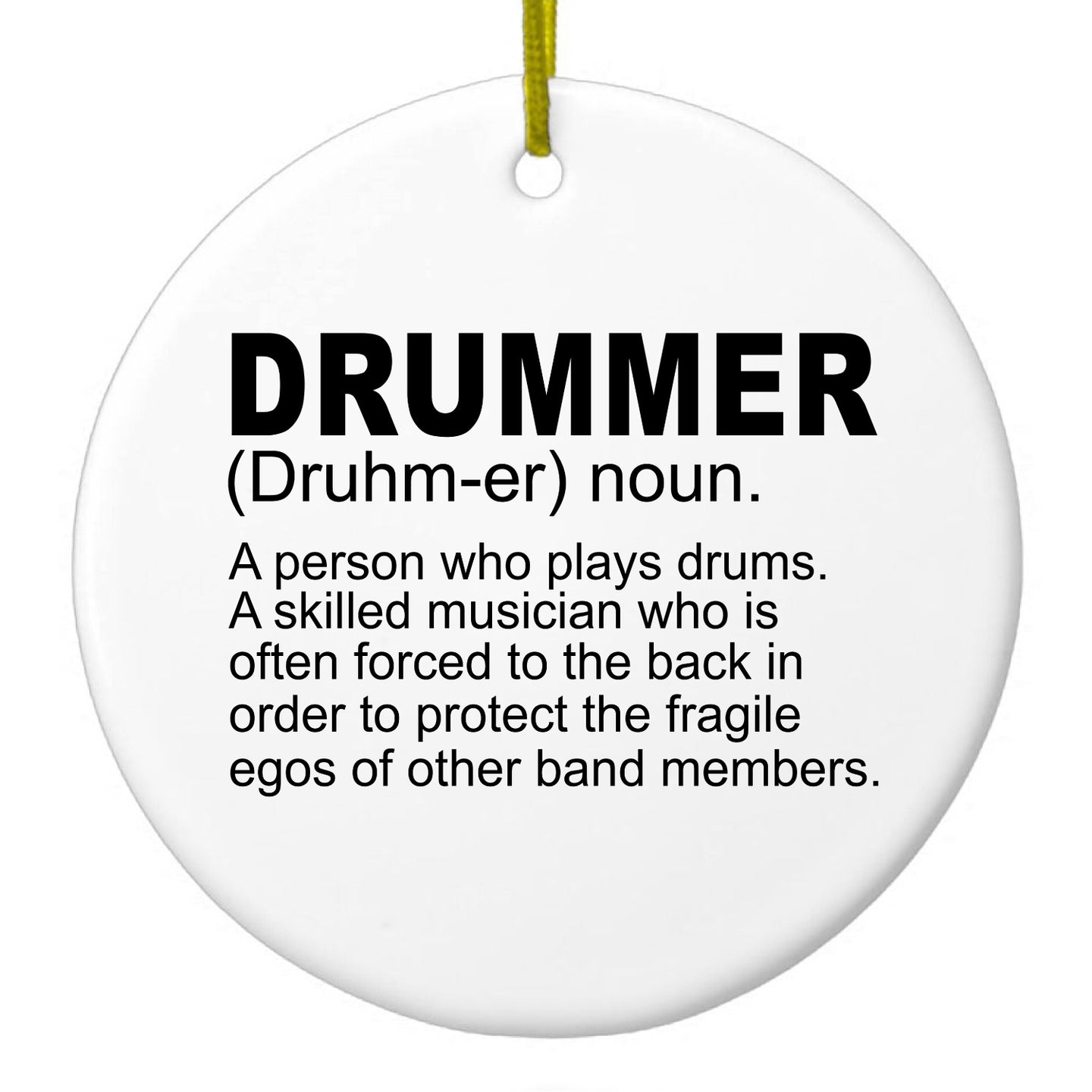 DistinctInk® Hanging Ceramic Christmas Tree Ornament with Gold String - Great Gift / Present - 2 3/4 inch Diameter - Drummer Dictionary Definition