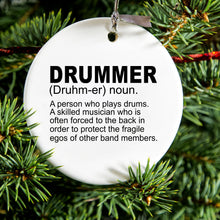 DistinctInk® Hanging Ceramic Christmas Tree Ornament with Gold String - Great Gift / Present - 2 3/4 inch Diameter - Drummer Dictionary Definition