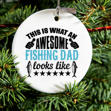 DistinctInk® Hanging Ceramic Christmas Tree Ornament with Gold String - Great Gift / Present - 2 3/4 inch Diameter - This is What Awesome Fishing Dad Looks Like