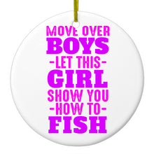 DistinctInk® Hanging Ceramic Christmas Tree Ornament with Gold String - Great Gift / Present - 2 3/4 inch Diameter - Move Over Boys, Girls Show You How to Fish