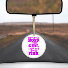 DistinctInk® Hanging Ceramic Christmas Tree Ornament with Gold String - Great Gift / Present - 2 3/4 inch Diameter - Move Over Boys, Girls Show You How to Fish