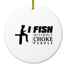 DistinctInk® Hanging Ceramic Christmas Tree Ornament with Gold String - Great Gift / Present - 2 3/4 inch Diameter - I Fish So I Don't Choke People