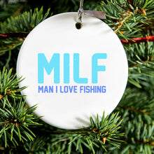 DistinctInk® Hanging Ceramic Christmas Tree Ornament with Gold String - Great Gift / Present - 2 3/4 inch Diameter - MILF - Man I Love Fishing